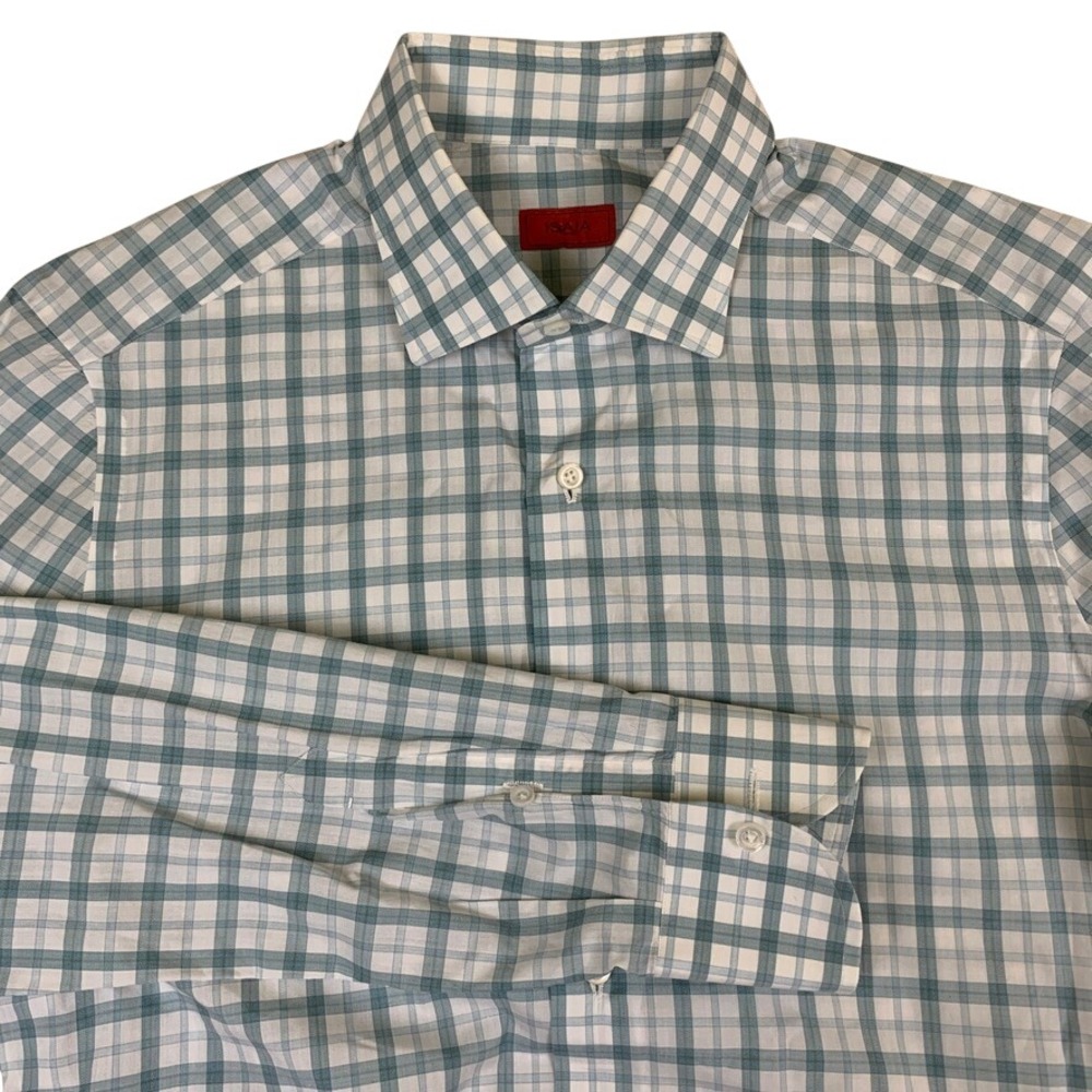 Isaia Napoli Mens Blue White Plaid Cotton Dress Shirt Made in Italy Size 15.5 39